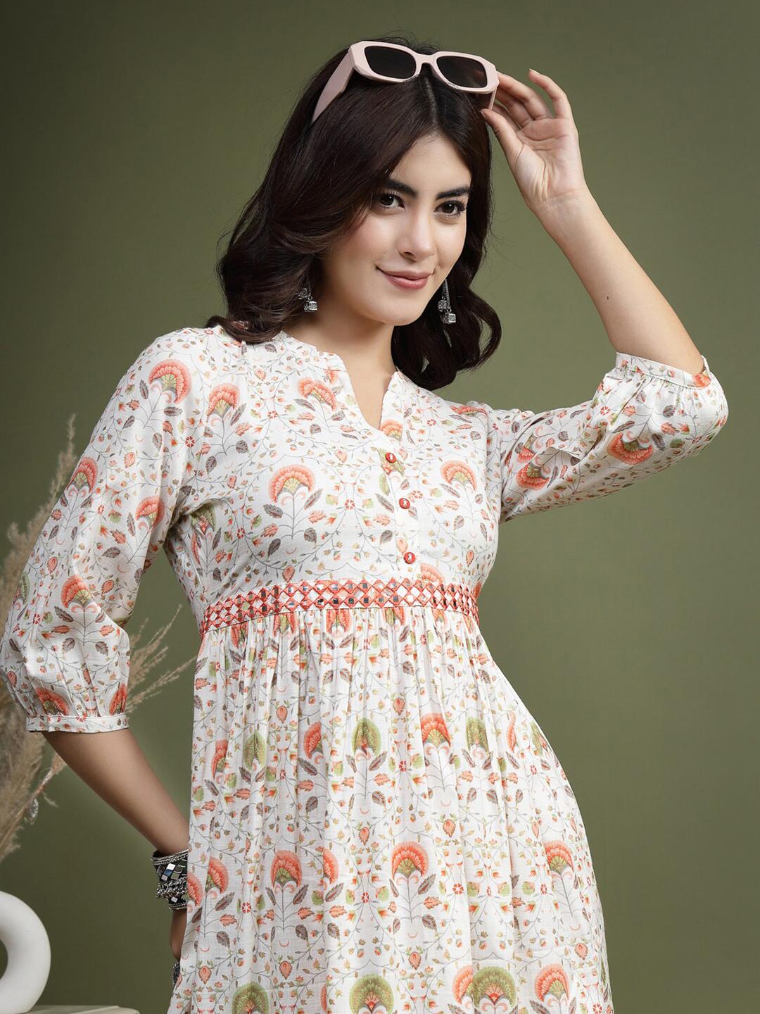 Buy Sangria Floral Printed Mirror Work Pure Cotton Fit & Flare Midi Ethnic Dress -  - Apparel for Women