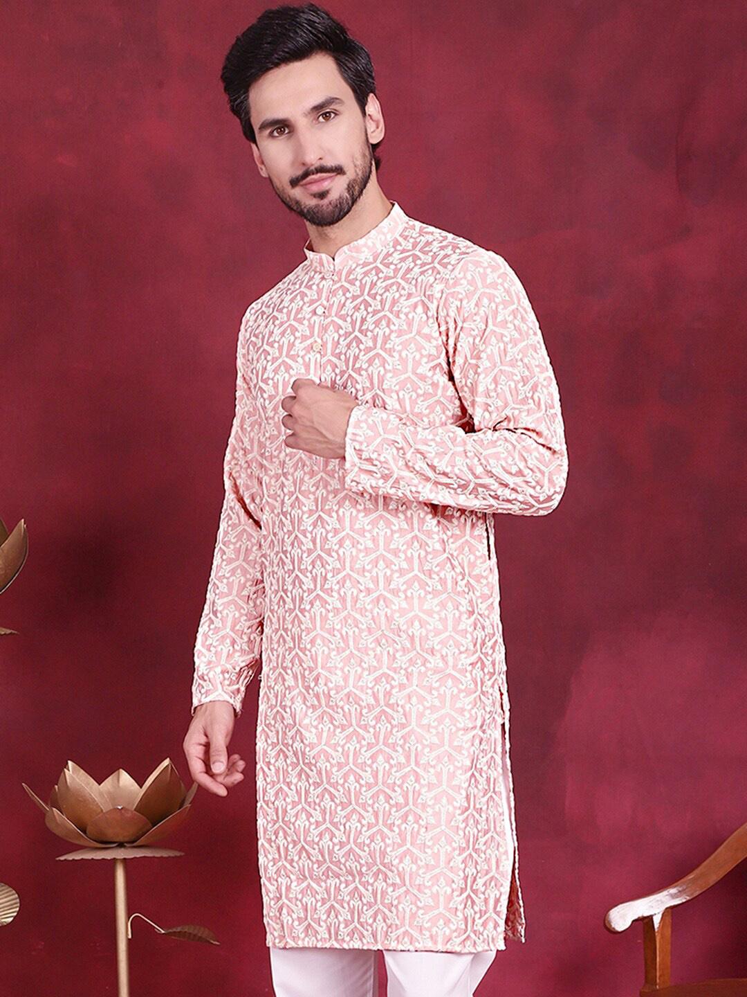 Men'S Pink & White Embroidered Straight Kurtas