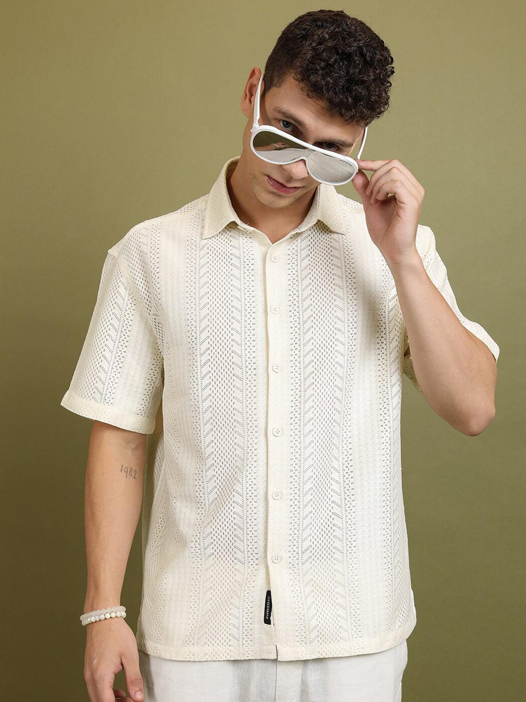 HIGHLANDER Oversized Self Design Casual Crochet Shirt