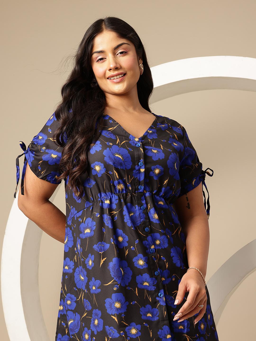 Full Size Floral Print Tie Front Slit Dress Plus Size