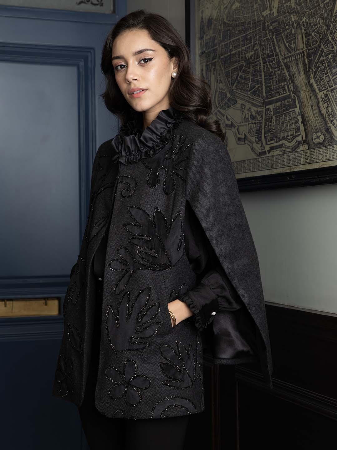 Rhe-Ana Women Embellished Woollen Cape Jacket