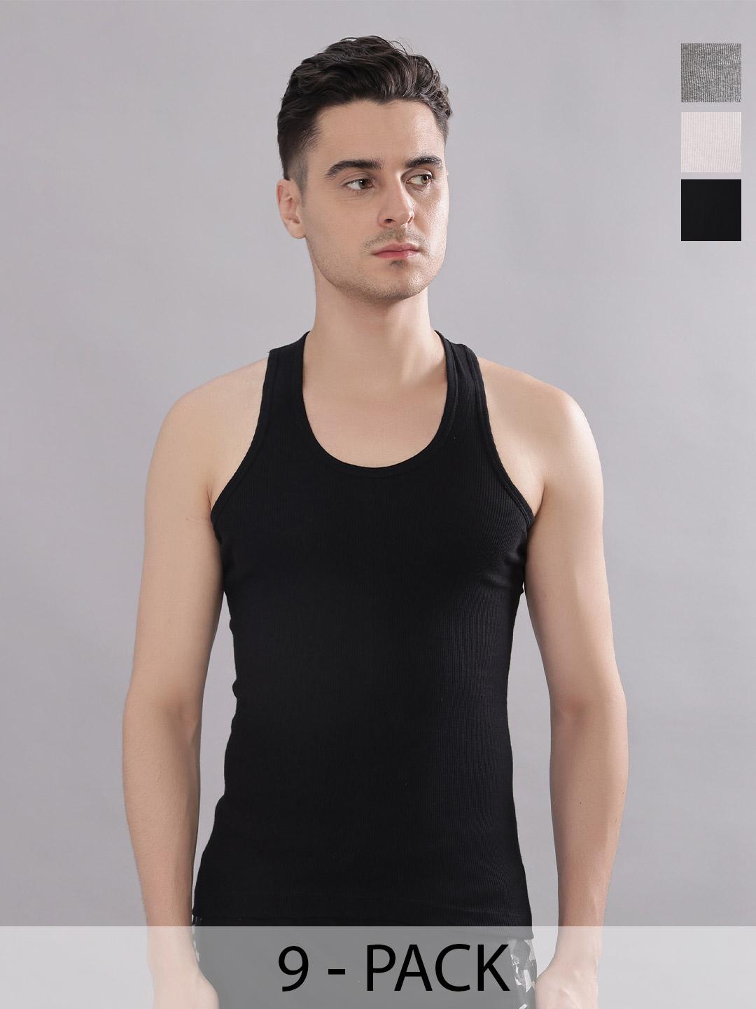 Buy Dollar Bigboss Men Solid Pack Of 9 Cotton Stretch Rib Regular Fit Casual Vest -  - Apparel for Men