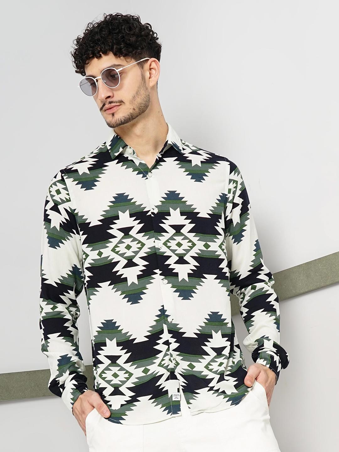 Celio Classic Opaque Abstract Printed Spread Collar Casual Shirt