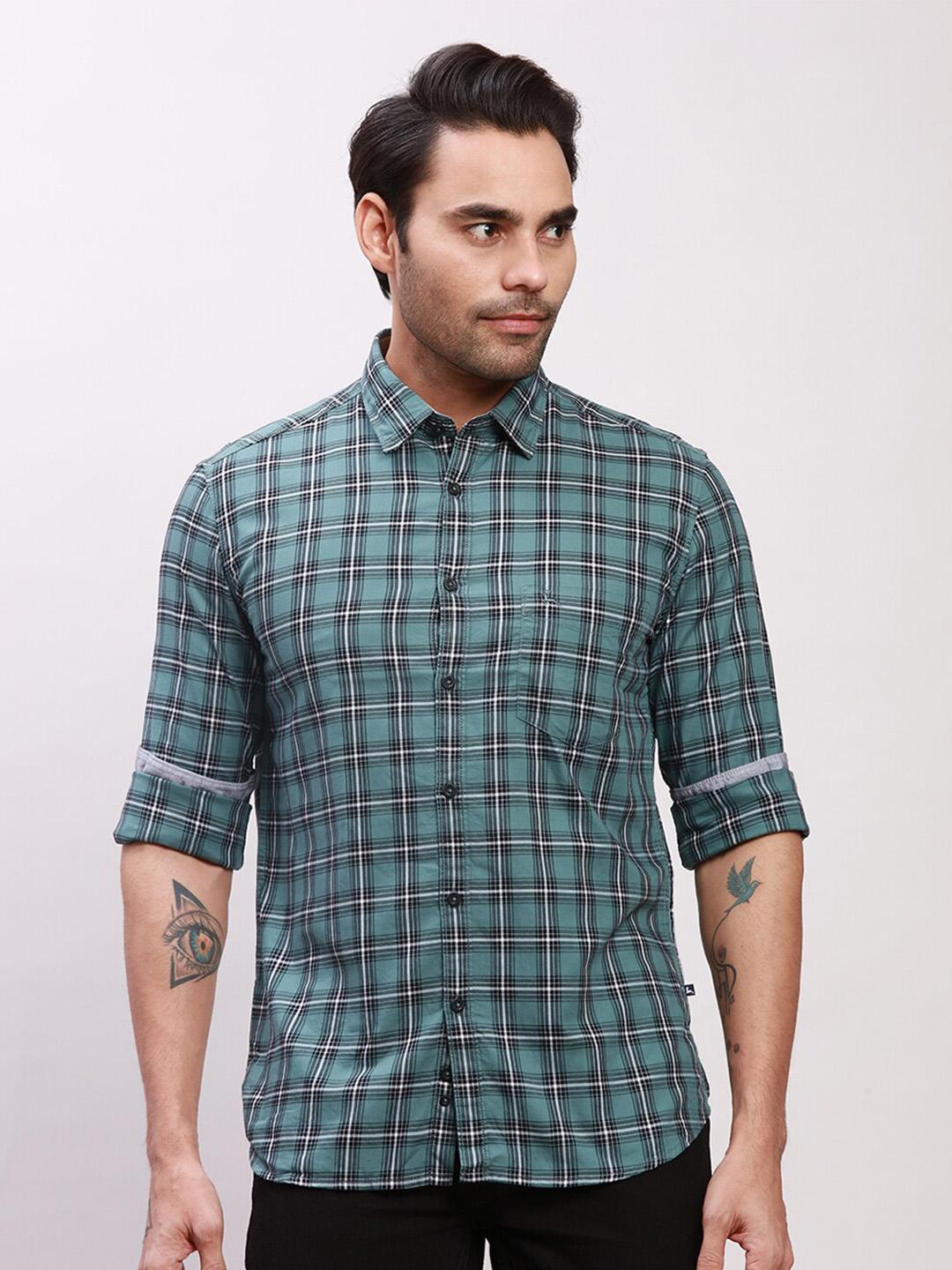 Men's Grey Standard Slim Fit Tartan Checked Cotton Casual Shirt