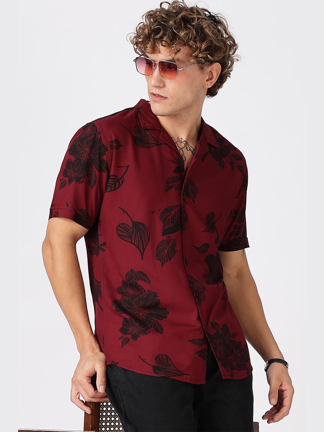HERE&NOW Slim Fit Floral Printed Cuban Collar Casual Shirt