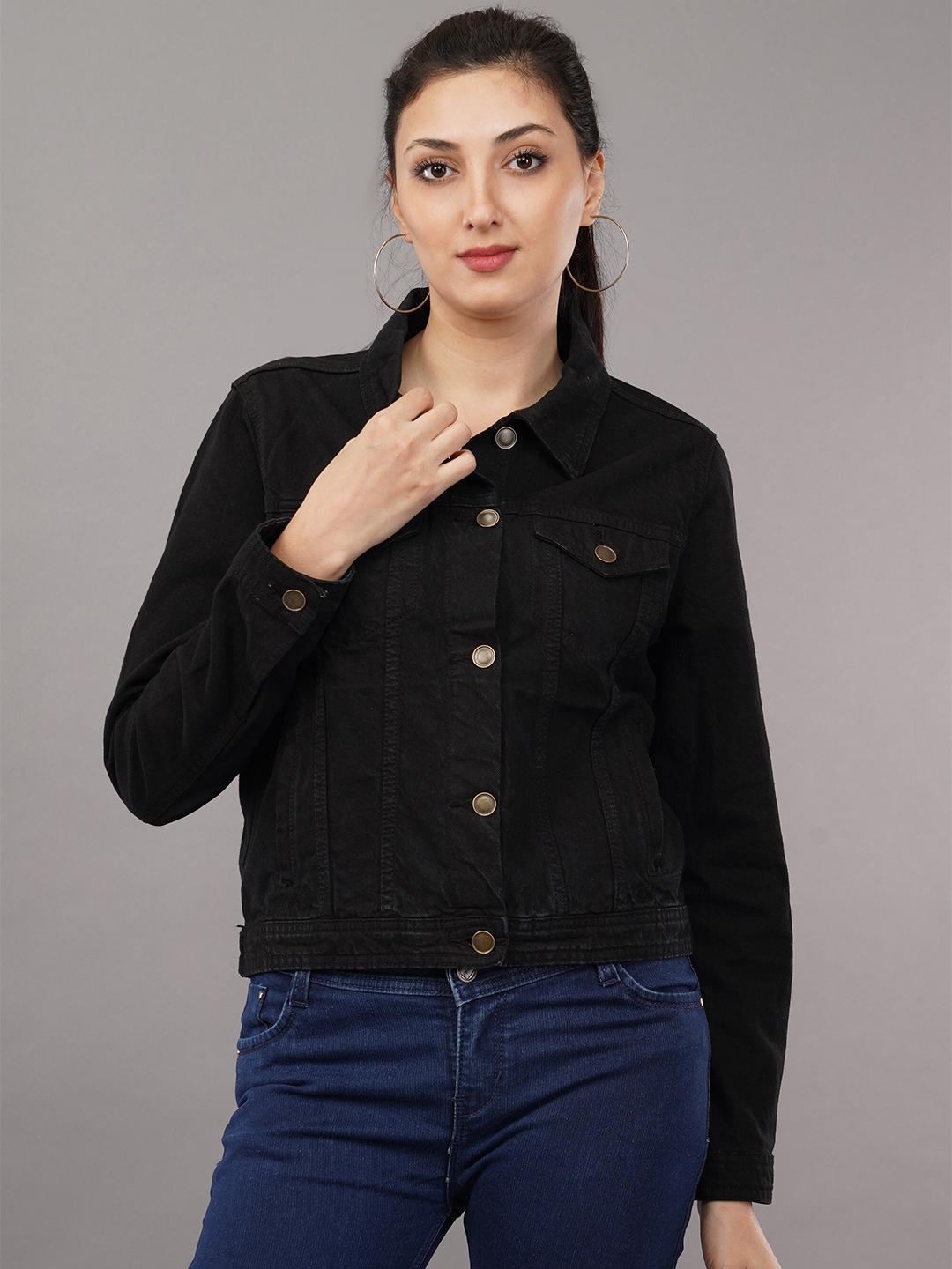 Women's Black Spread Collar Solid Cotton Casual Tailored Windcheater Jacket