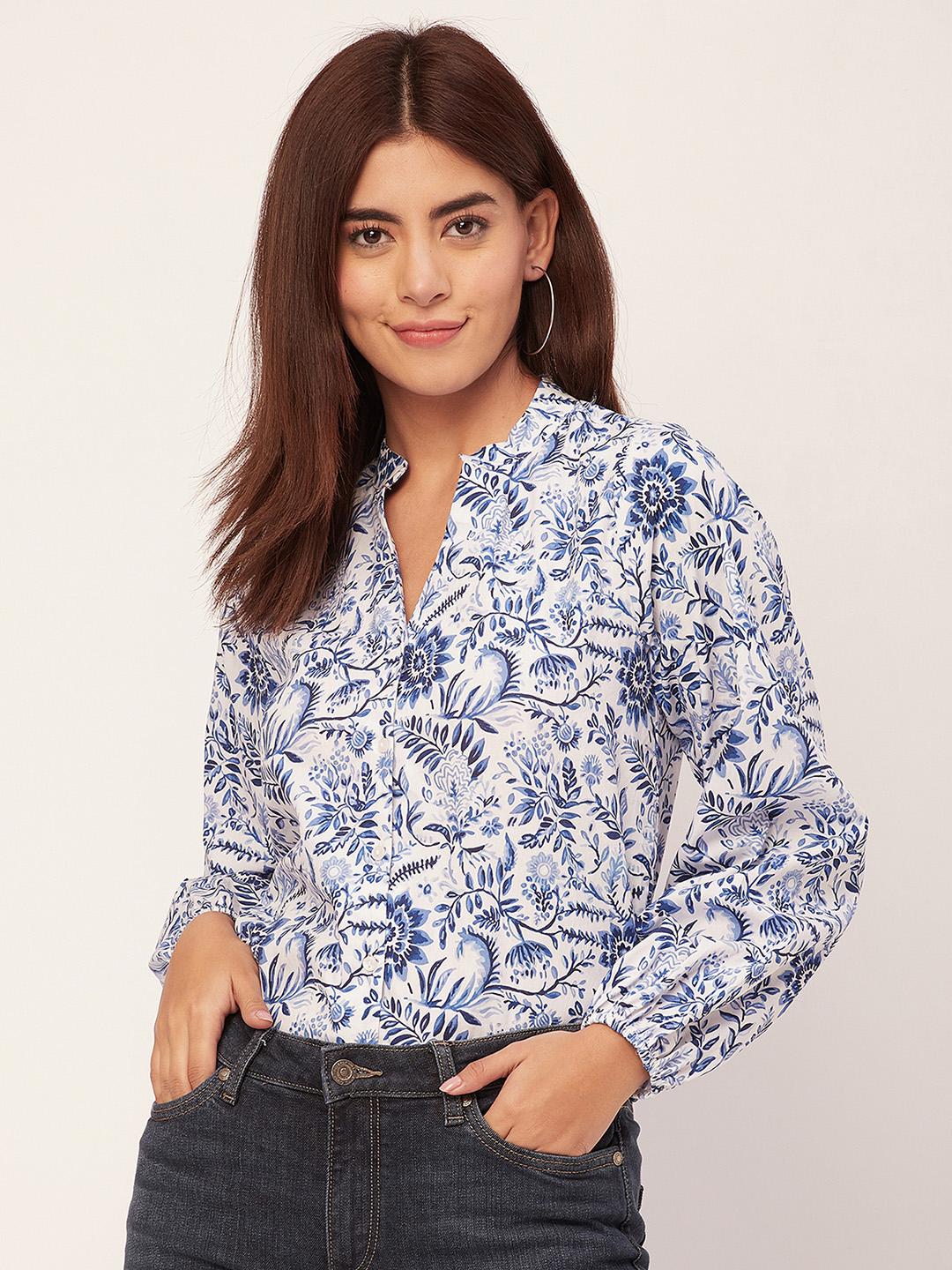 Women's Olive Floral Printed Puff Sleeves Gathered Top