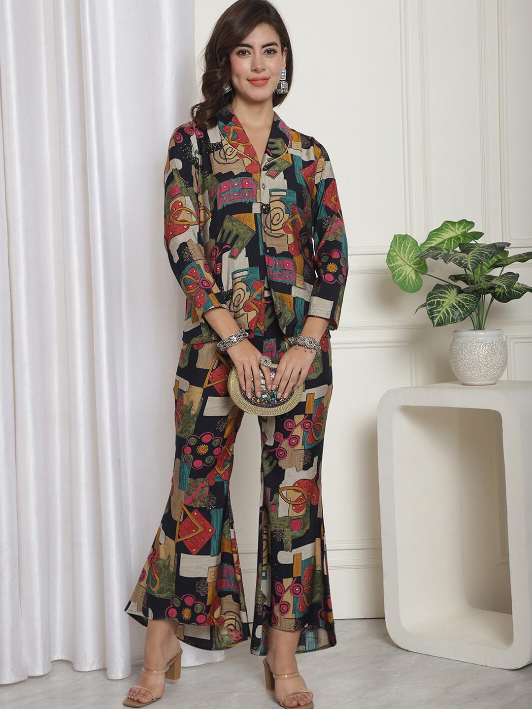Buy Claura Printed Chanderi Silk Shirt & Trouser Co Ord Set -  - Apparel for Women