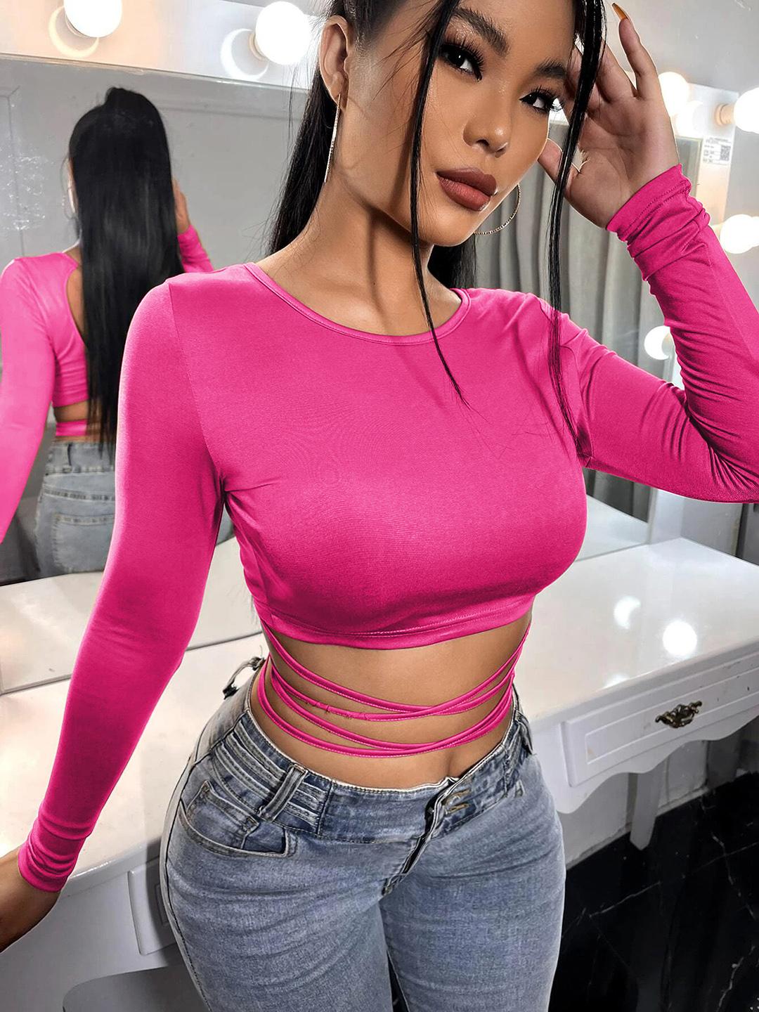 Women's White Round Neck Fitted Crop Top