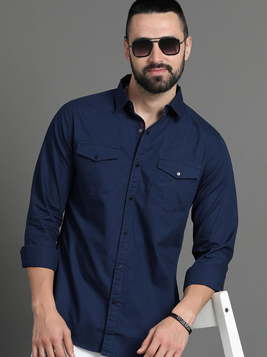 HERE&NOW Navy Blue Slim Fit Long Sleeves Cotton Casual Shirt