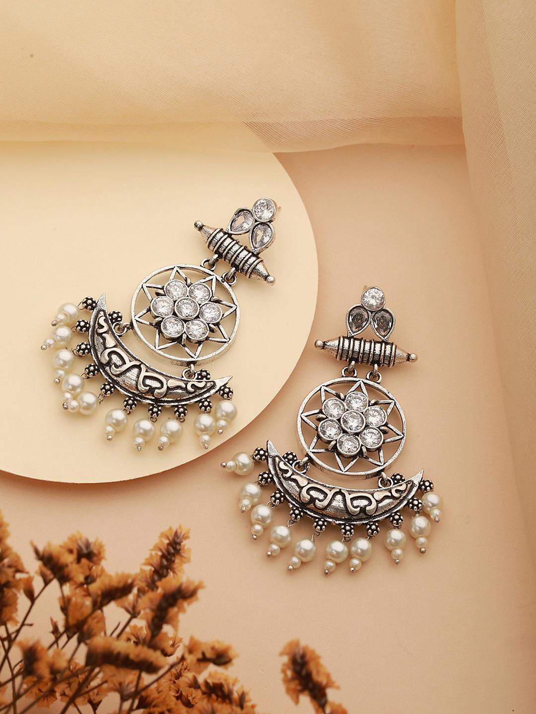 Buy Saraf RS Jewellery Rhodium Plated Oxidised American Diamond Studded Chandbalis -  - Accessories for Women