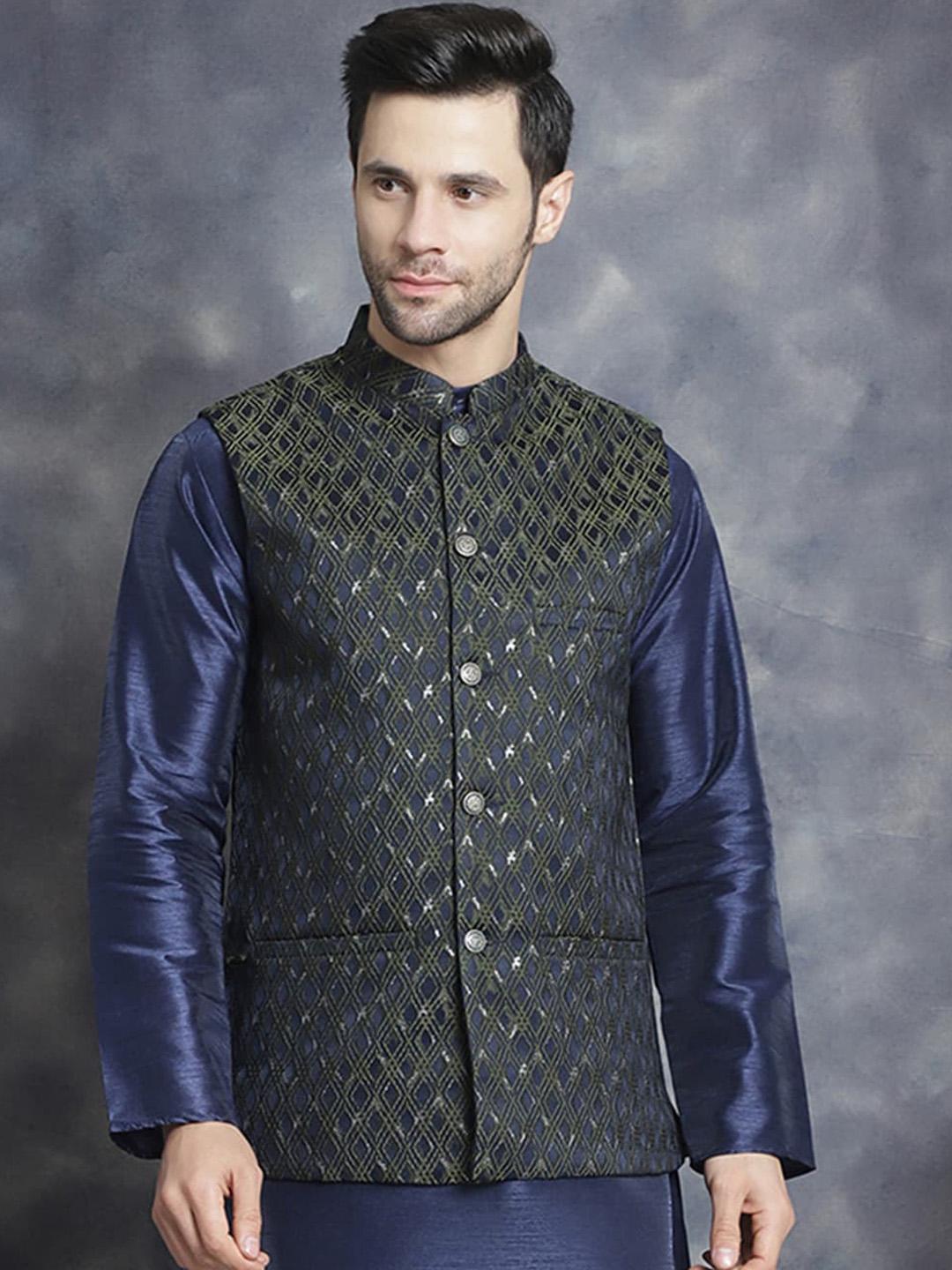 Anouk Green Geometric Embroidered Silk Cotton Nehru Jacket