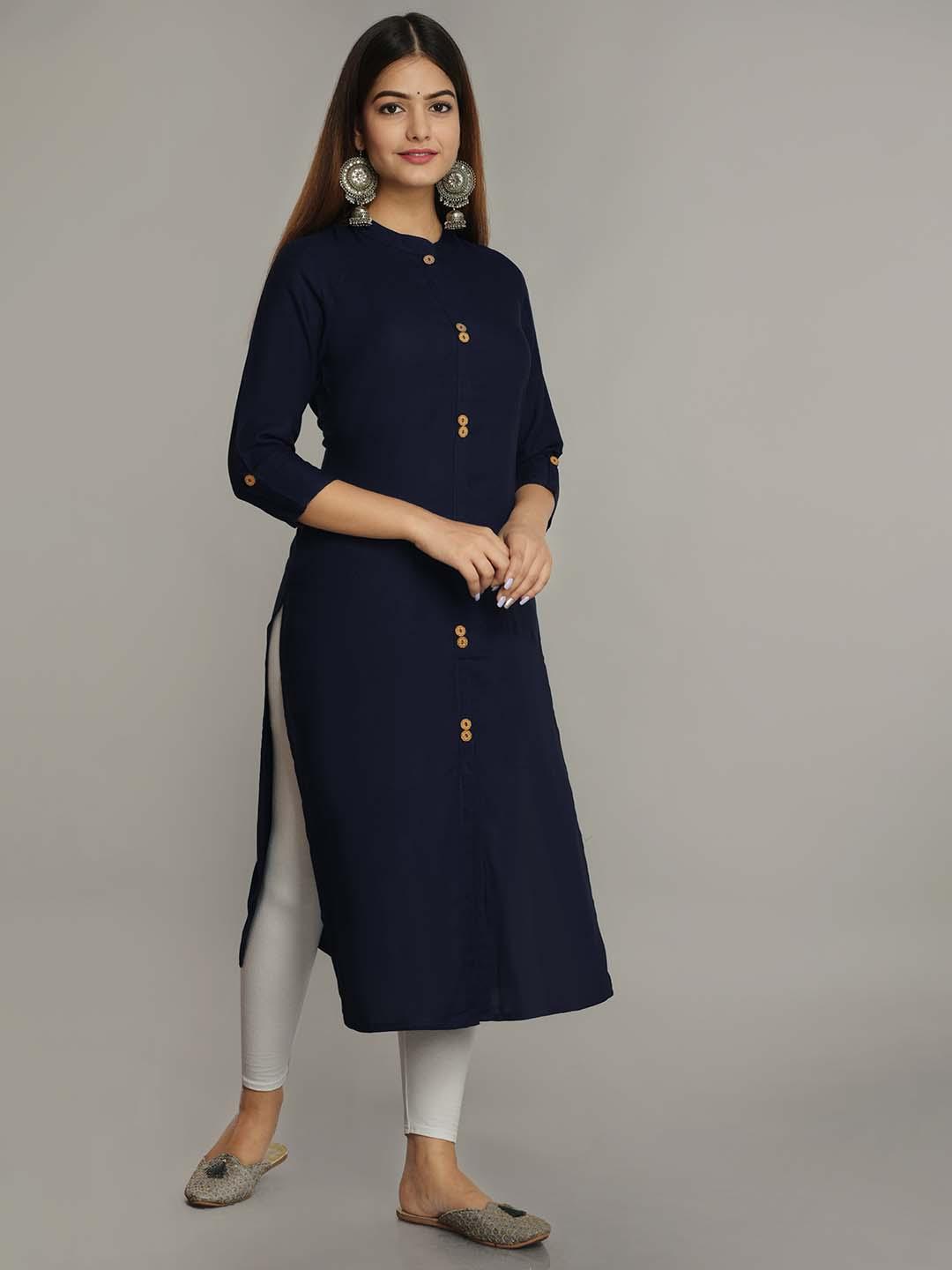 Buy NEW4U Mandarin Collar Roll Up Sleeves Straight Kurta - Kurtas for ...