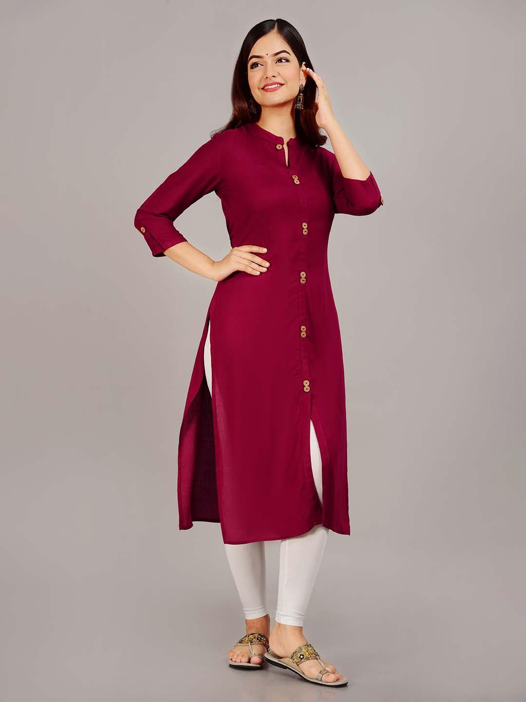 Buy NEW4U Mandarin Collar Roll Up Sleeves Straight Kurta - Kurtas for ...