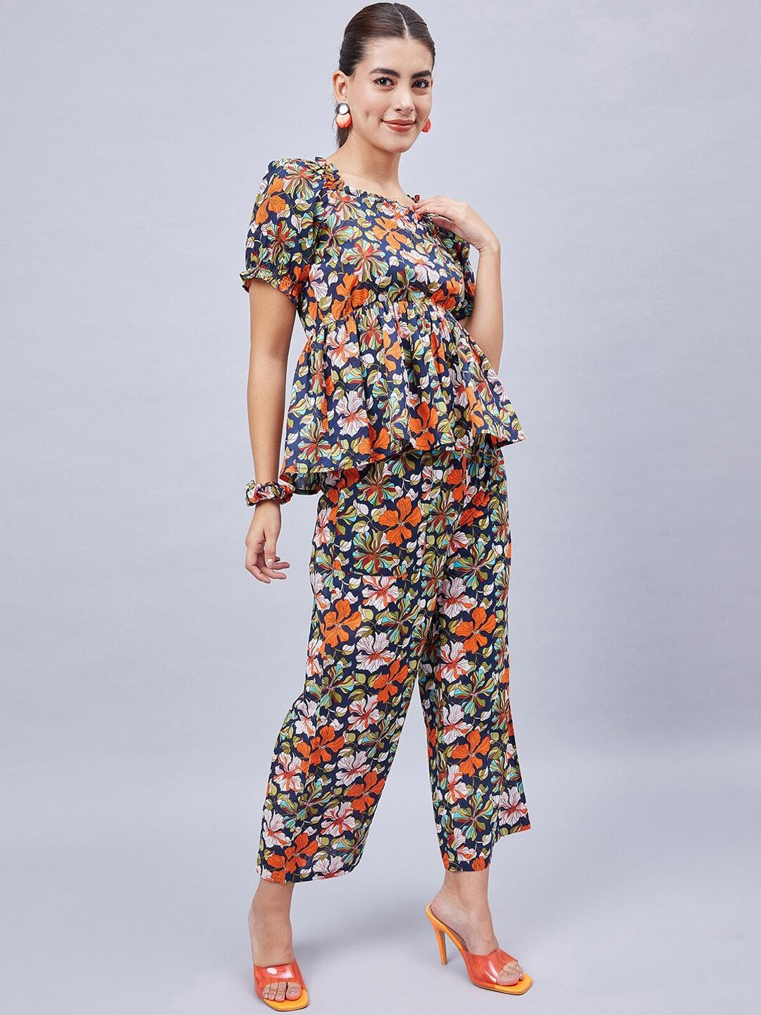 Buy WineRed Floral Printed Pure Cotton Top With Trousers & Scrunchie - - Apparel for Women