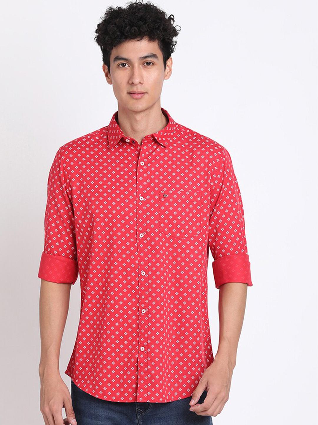 Men's Orange Smart Slim Fit Geometric Printed Cotton Casual Shirt