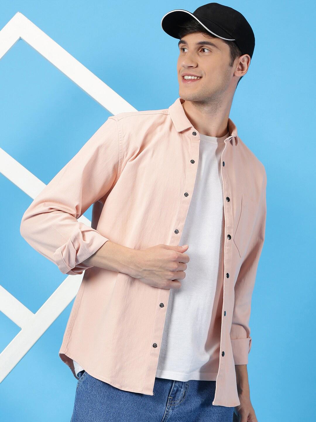 Mast & Harbour Peach Coloured Classic Slim Fit Long Sleeves Twill Casual Shirt