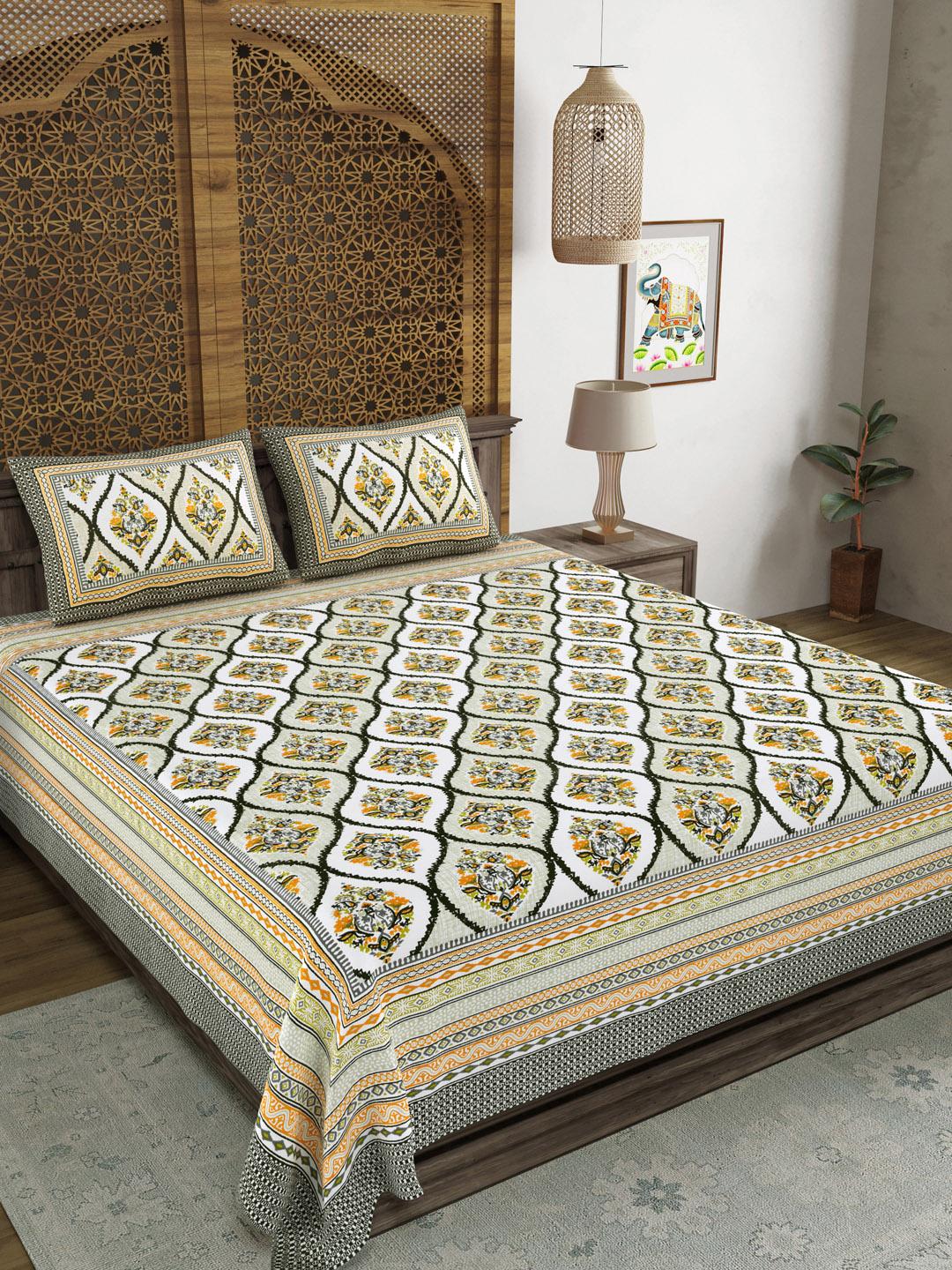 Sangria Green Floral Cotton 210 TC King Fine Bedsheet with 2 Pillow Covers-90 x 108 inches