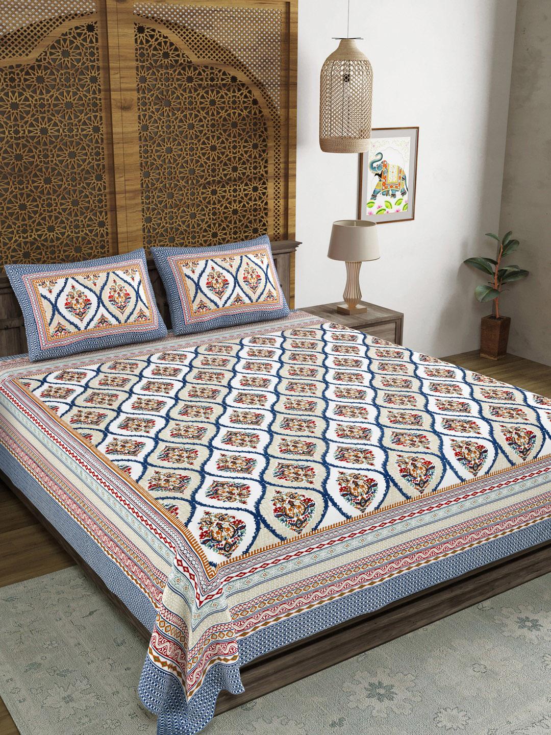 Sangria Jaipuri Print Blue Floral Cotton 210 TC King Fine Bedsheet with 2 Pillow Covers-228 x 274 cm