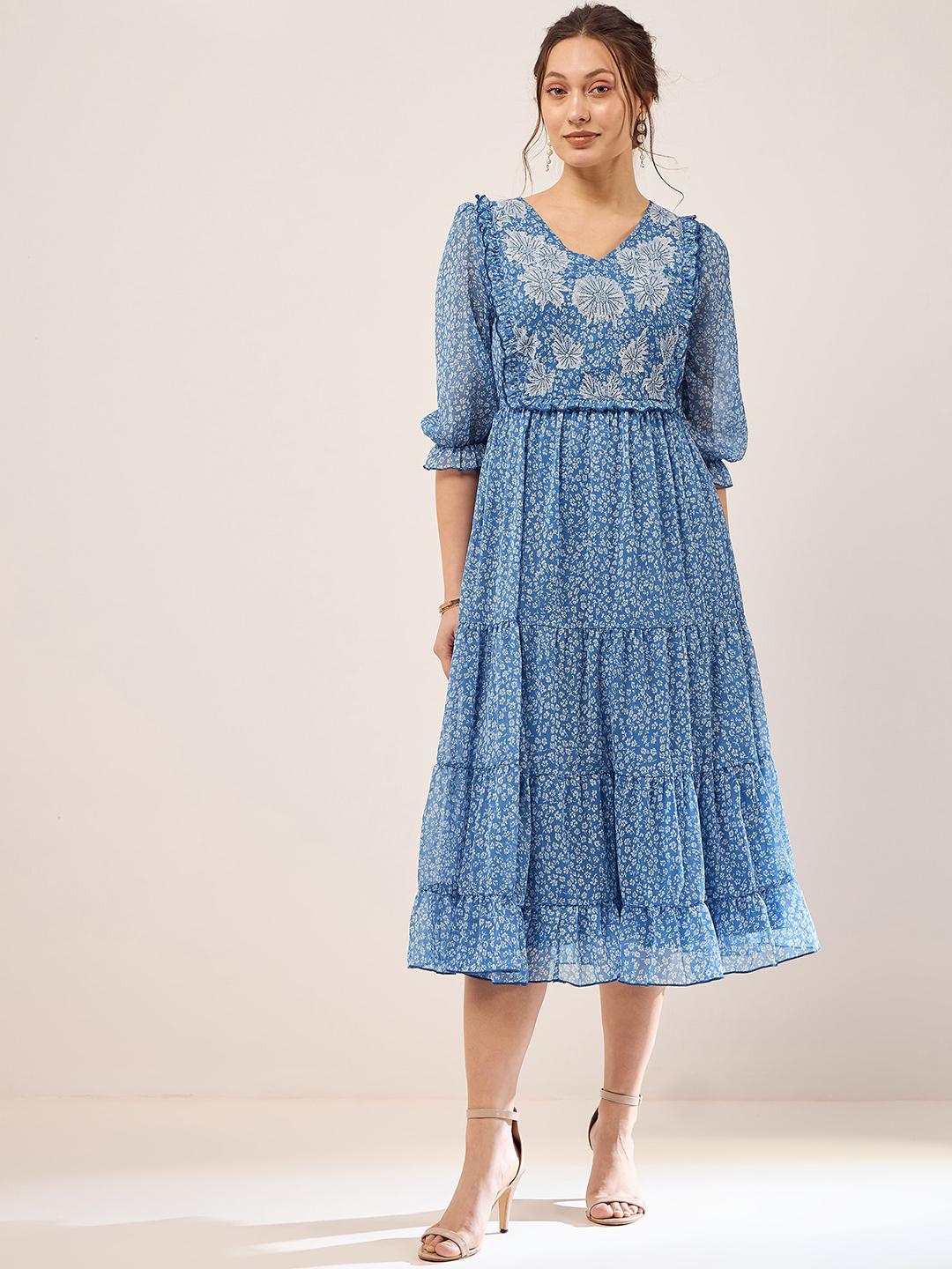 Antheaa Black & Rust Orange Floral Print Tiered Midi Fit & Flare Dress with Ruffles main image 1