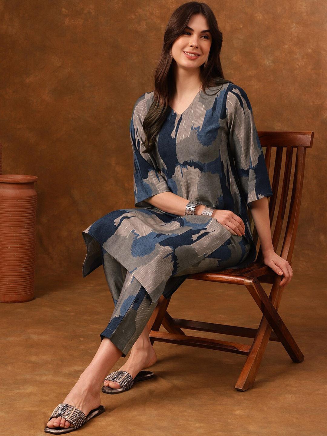 Buy Anouk Grey Abstract Printed Regular Kurta With Trousers - Kurta ...