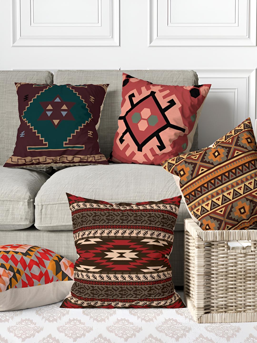 Buy Aura Digital Printed Red Geometric Polyester Washable 5 Pcs Square Cushion Covers 18x18In - - Home for Unisex