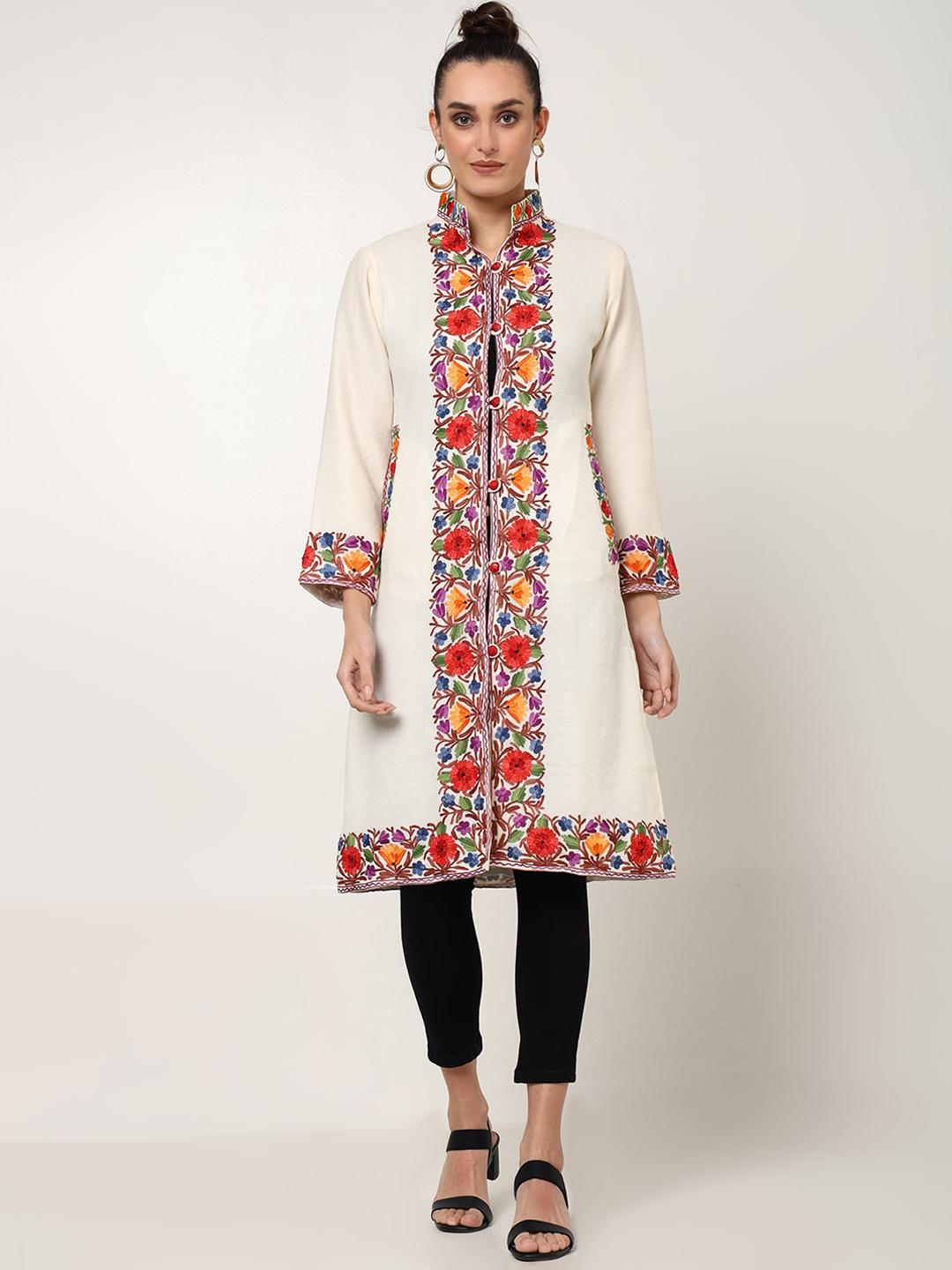 CRAFTBAZAR Floral Kashmiri Embroidered Woollen Longline Tailored Jacket