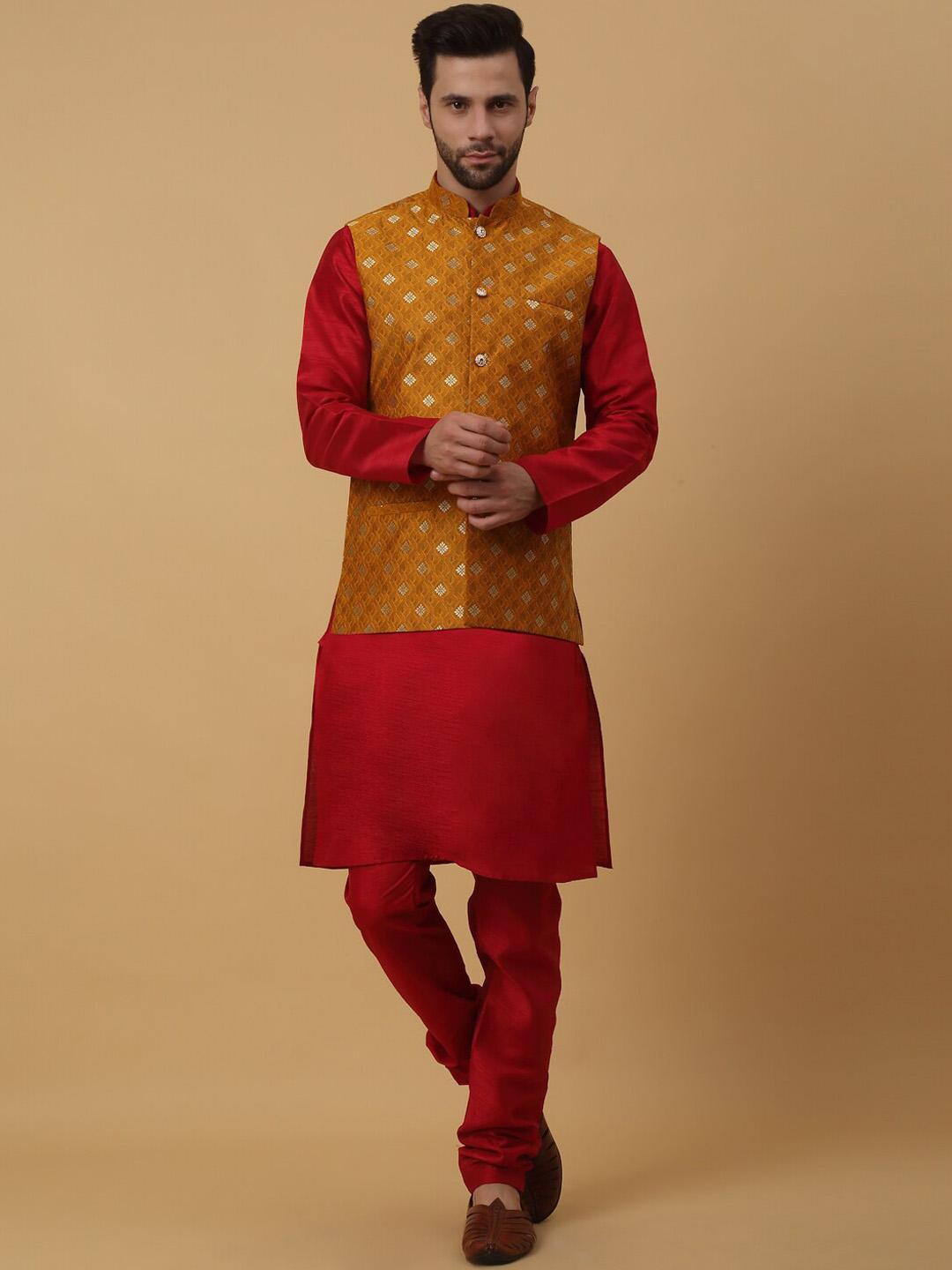 Men’s Ethnic Motifs Woven Design Regular Kurta Set with Churidar & Nehru Jacket – Traditional Elegance
