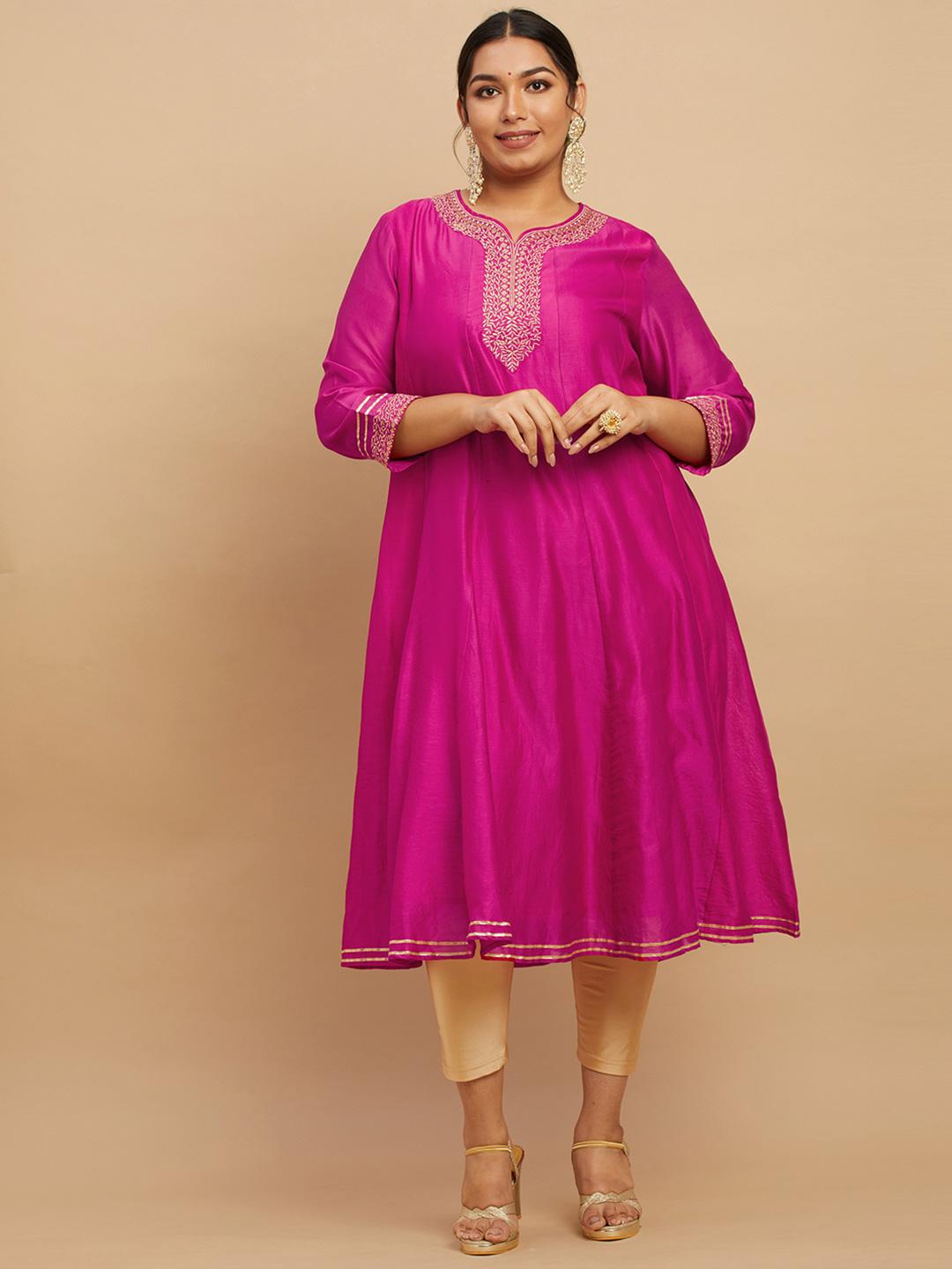 Women'S Pink Cotton Gotta Patti Work Anarkali Kurta Plus Size main image 1