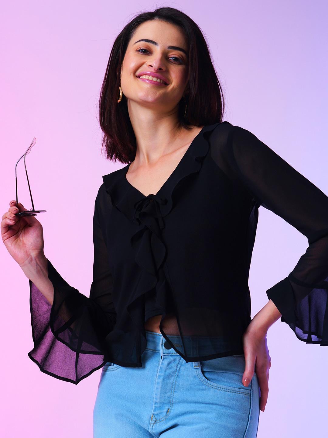 Buy Globus Women Black Loose Fit Bell Sleeves Ruffled Shrug Top With ...