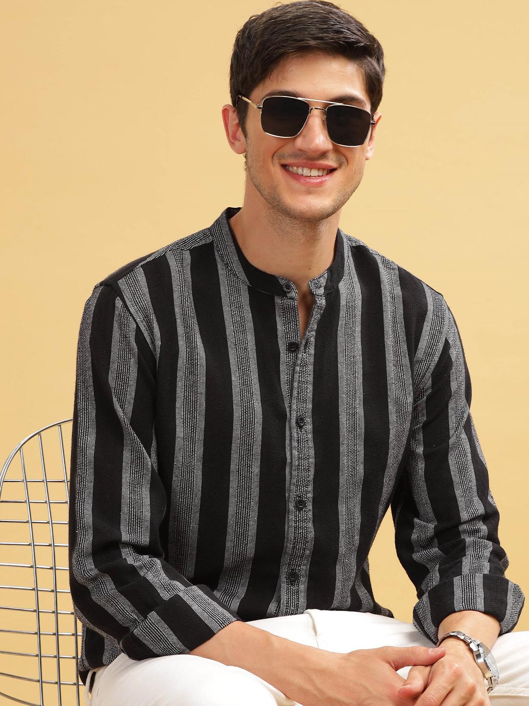 HERE&NOW Black Striped Cotton Mandarin Collar Slim Fit Curved Casual Shirt