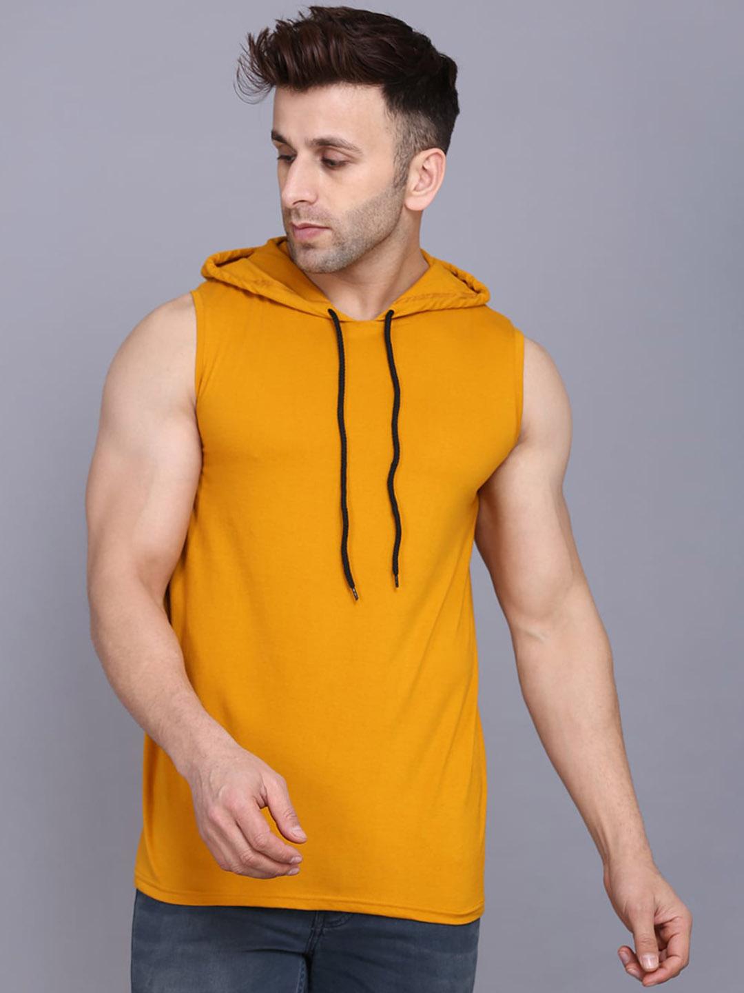 Buy SLOWLORIS Hooded Sleeveless Gym Vest SL028 PLAIN MUSTARD - - Apparel for Men