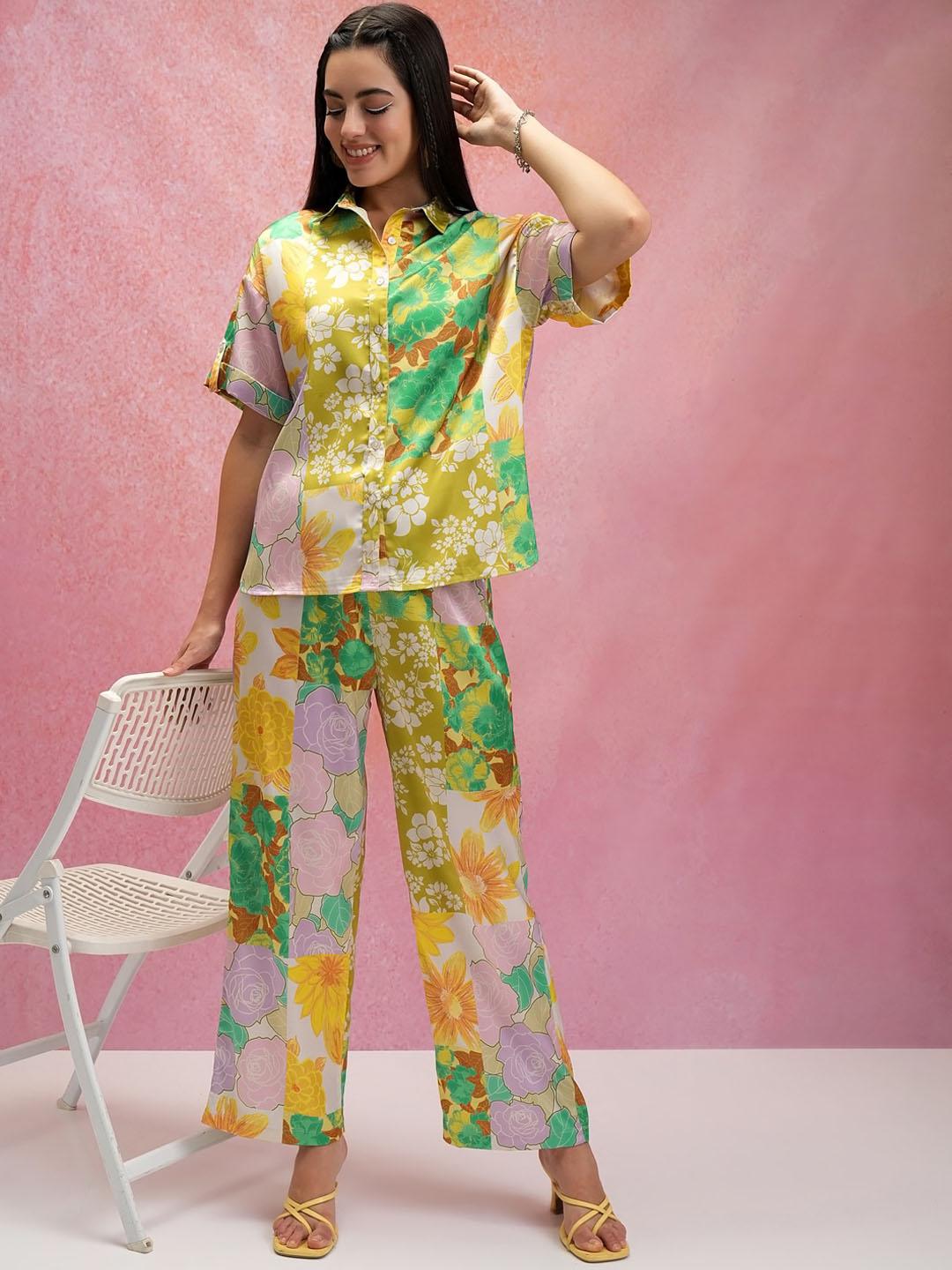 Tokyo Talkies Green Floral Printed Shirt With Trousers Co-Ords