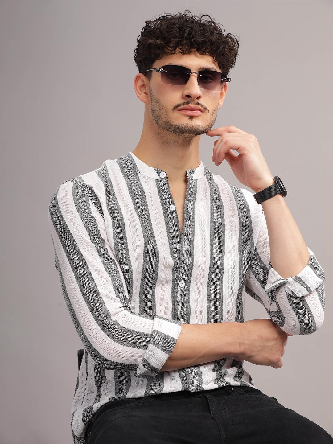 HERE&NOW Slim Fit Vertical Stripes Mandarin Collar Cotton Casual Shirt