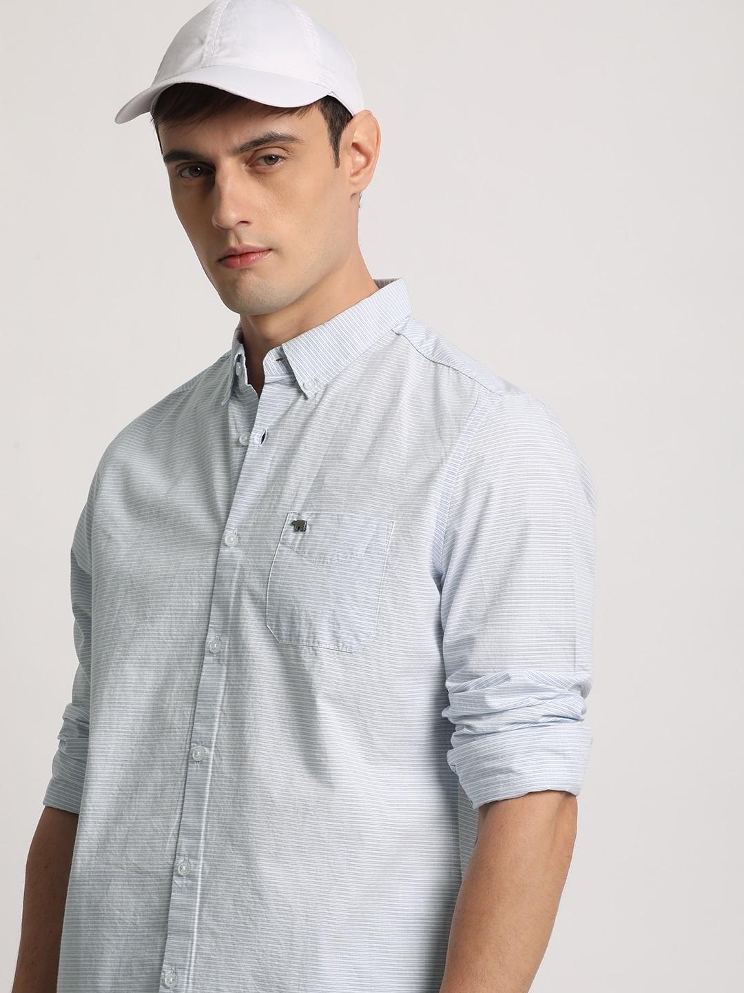 THE BEAR HOUSE Slim Fit Horizontal Stripes Button-Down Pure Collar Cotton Casual Shirt