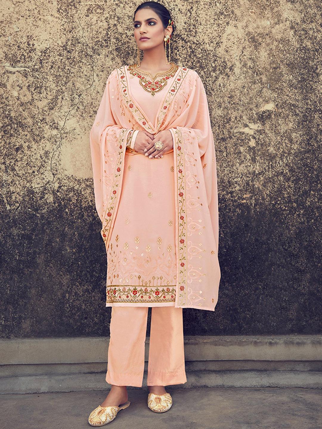Floral Embroidered Mirror Work Silk Georgette Kurta With Trousers & Dupatta