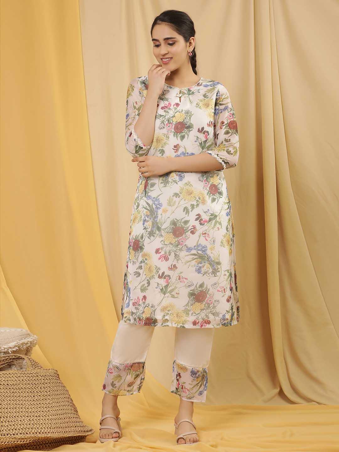 Off White Floral Printed Rayon Straight Kurta with Lace