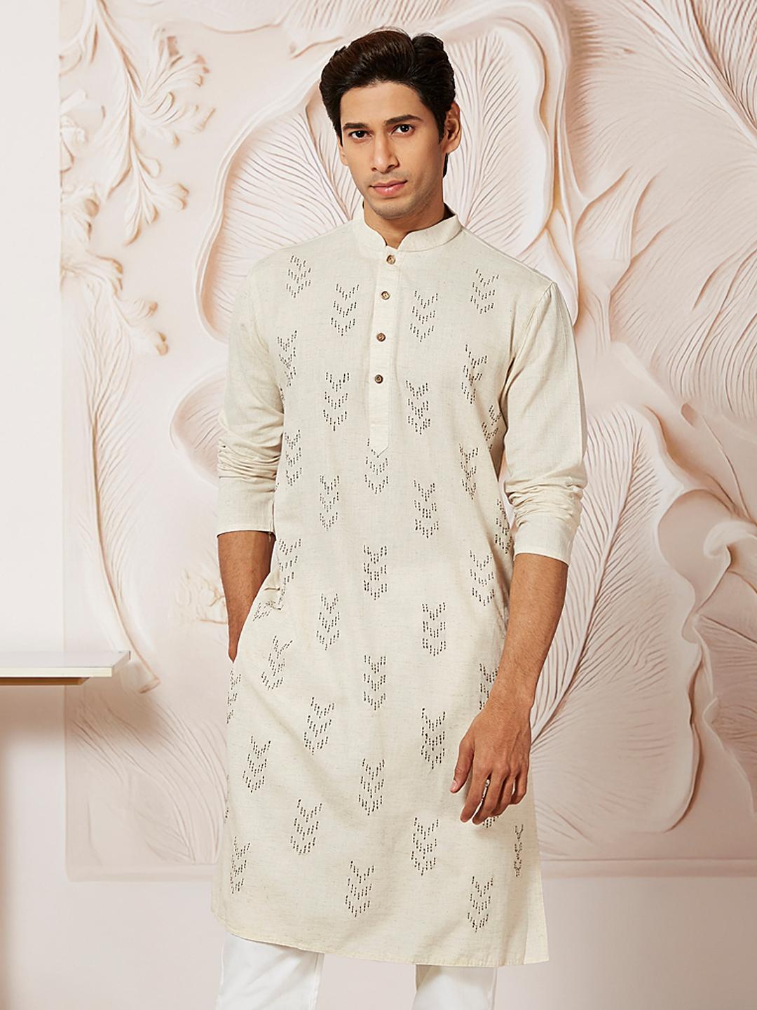 Mandarin collar Ethnic Motif Embroidered Thread Work Straight Cotton Kurta