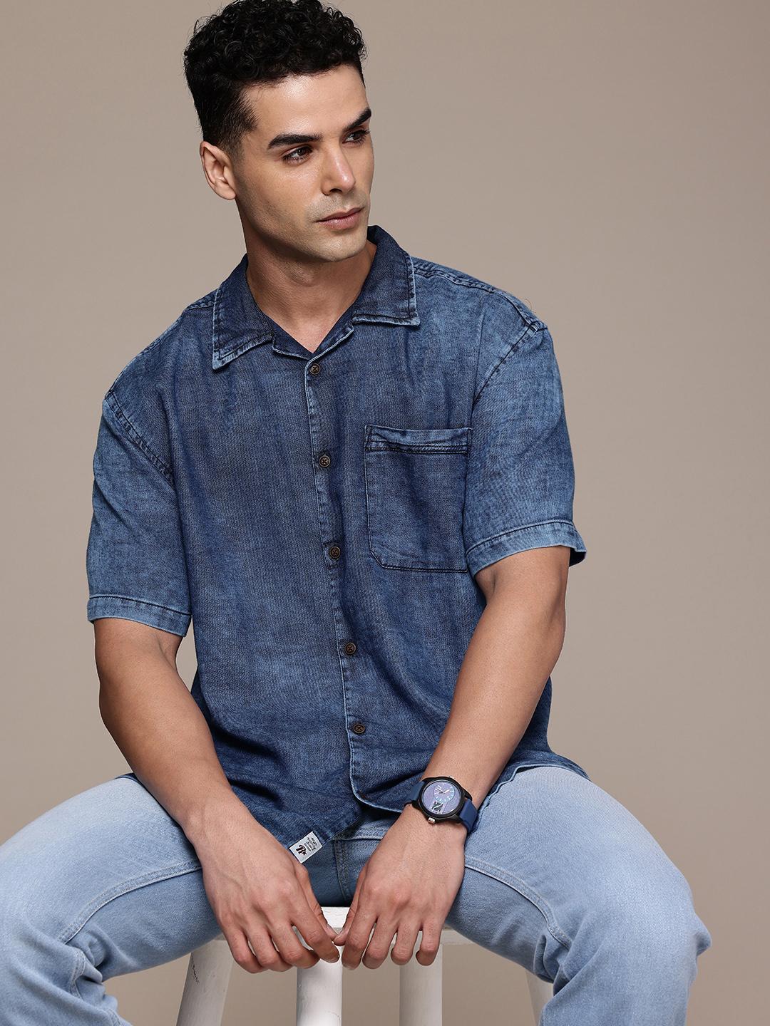 Roadster Men Cuban Collar Relaxed Fit Pure Cotton Denim Casual Shirt
