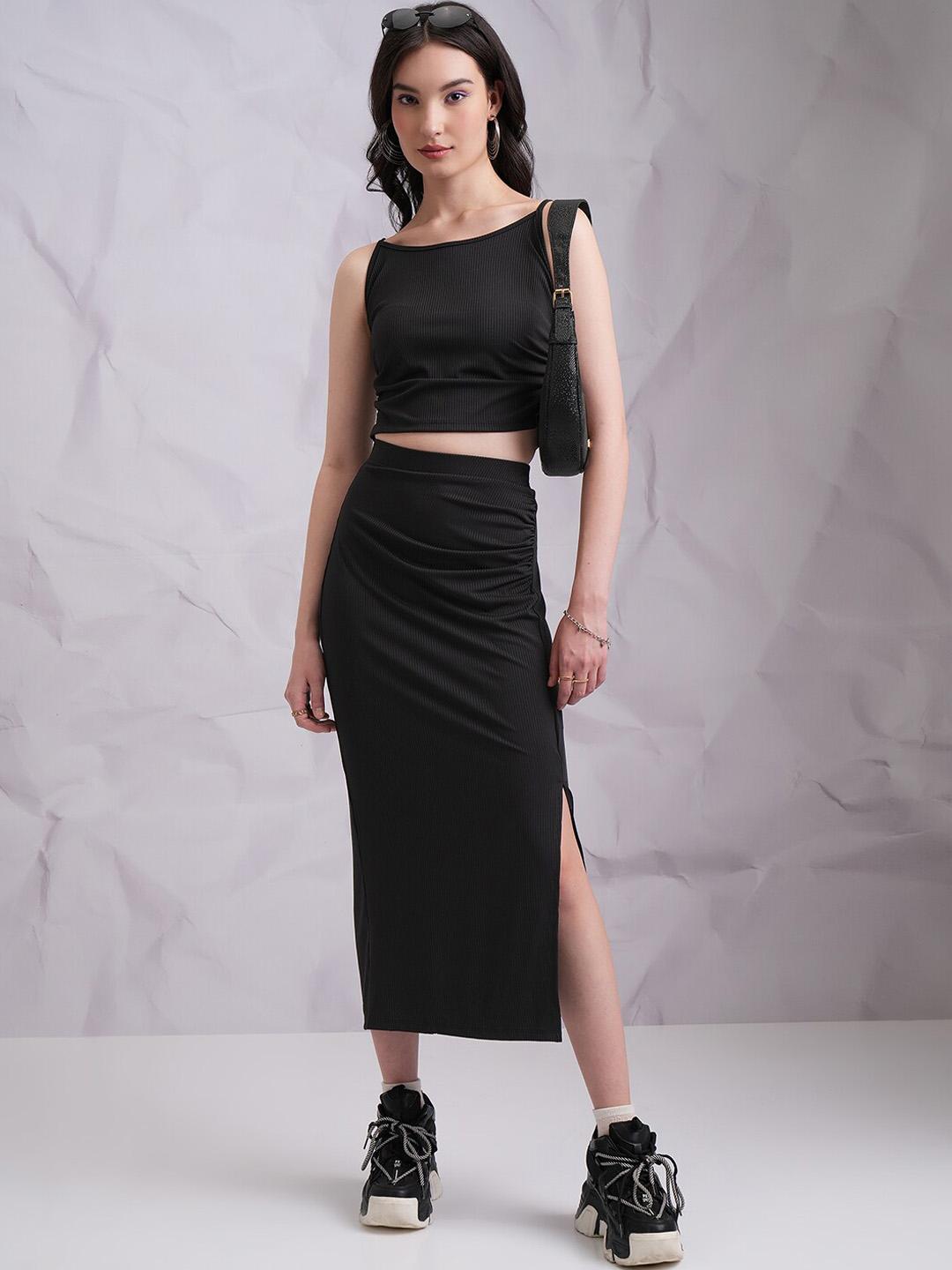 Buy Tokyo Talkies Black Ribbed Shoulder Straps Top With Flared Split Skirt -  - Apparel for Women