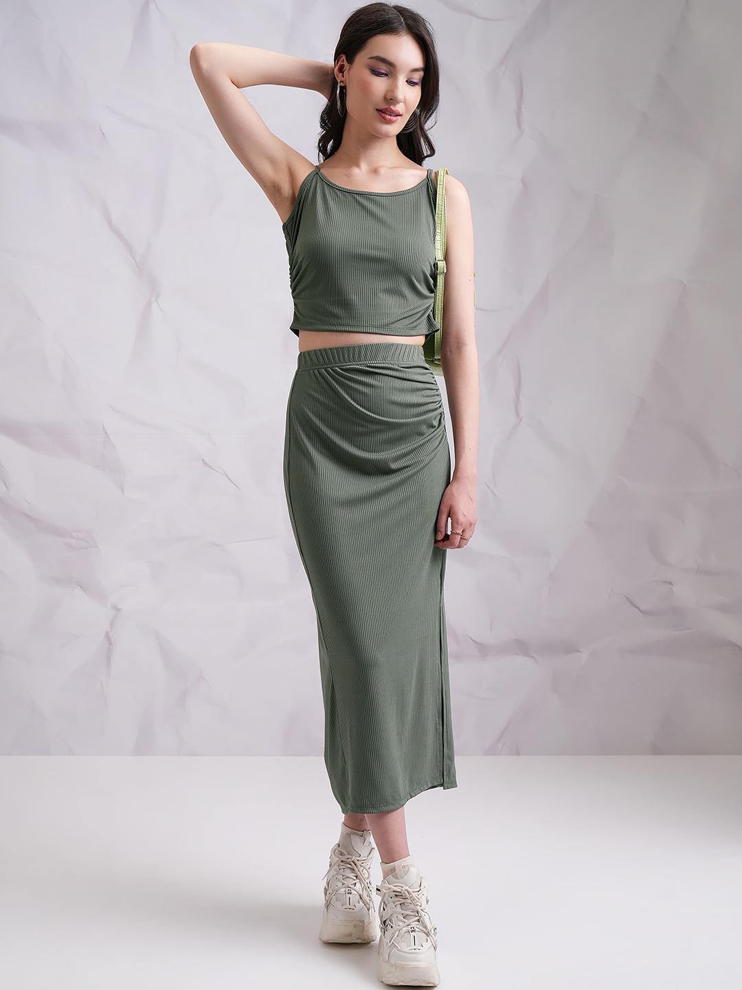 Buy Tokyo Talkies Olive Green Ribbed Crop Top With Skirt -  - Apparel for Women