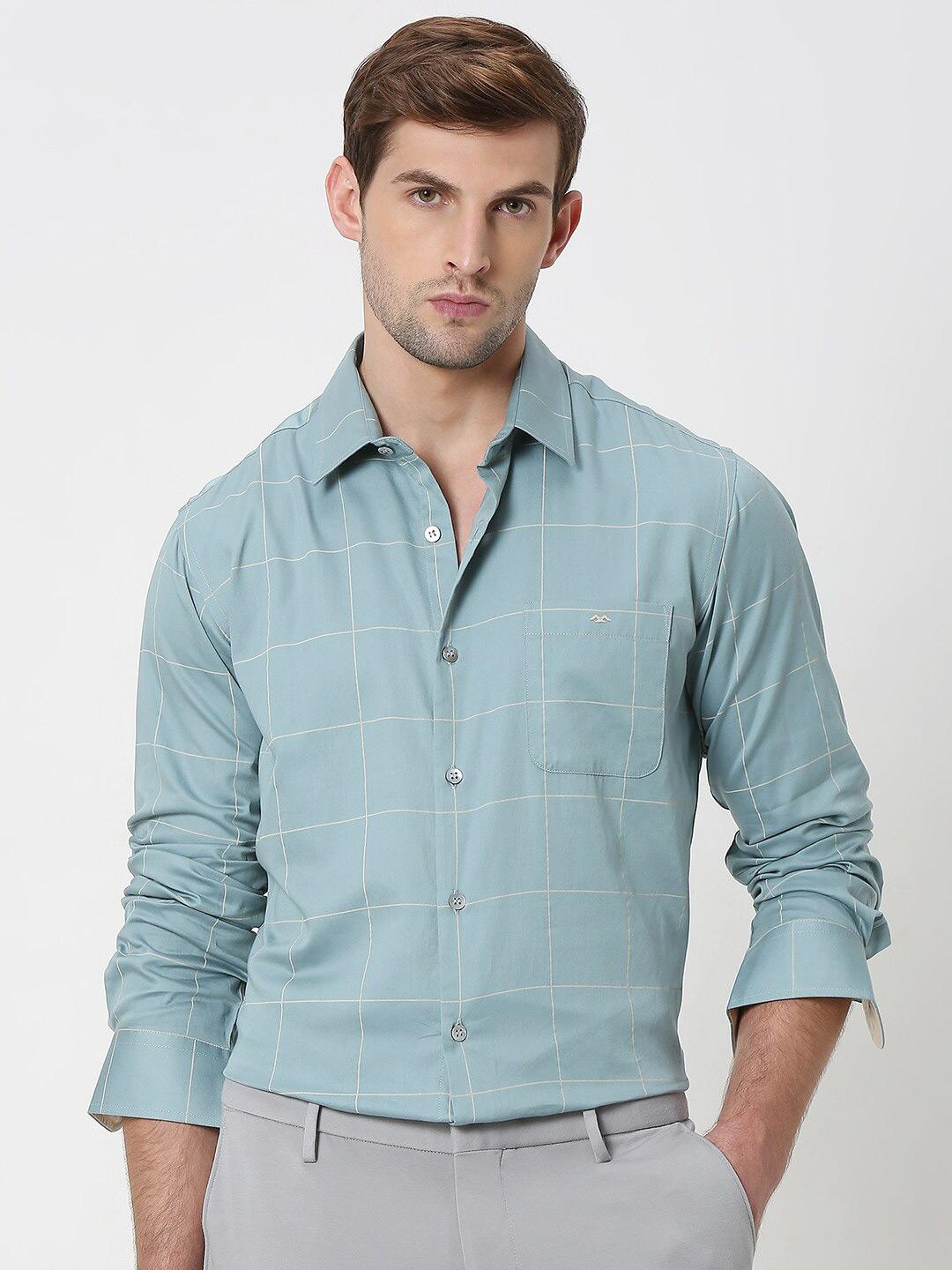 Mufti Slim Fit Windowpane Checks Spread Collar Long Sleeves Cotton Casual Shirt
