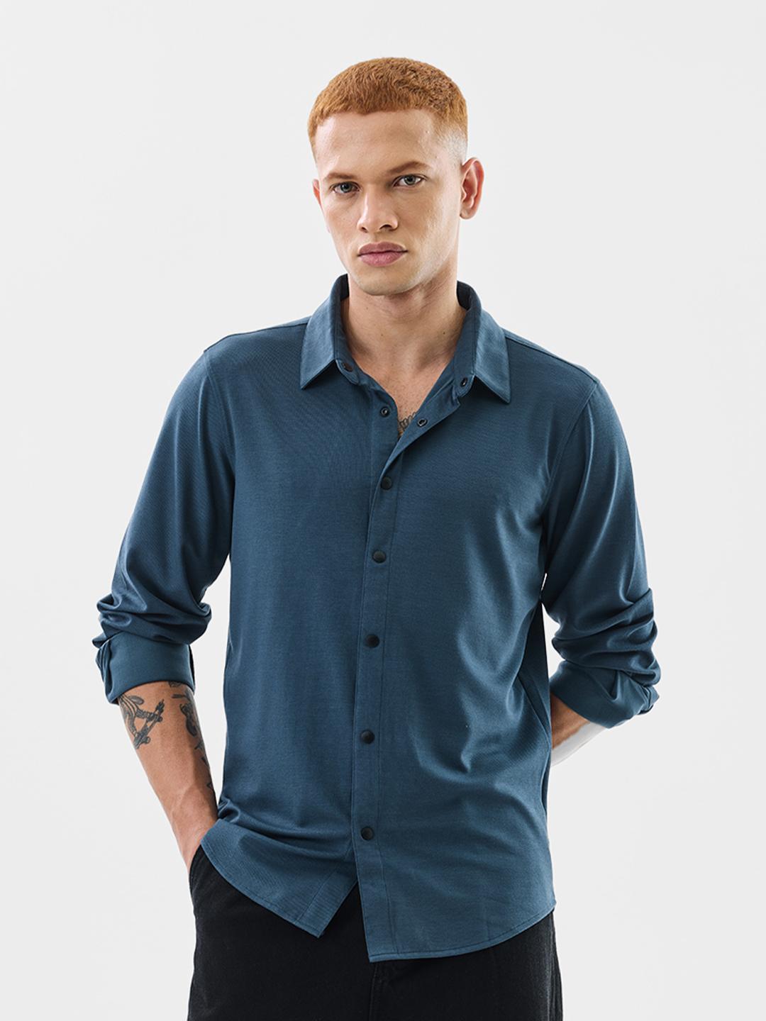 Snitch Blue Spread Collar Classic Slim Fit Casual Shirt