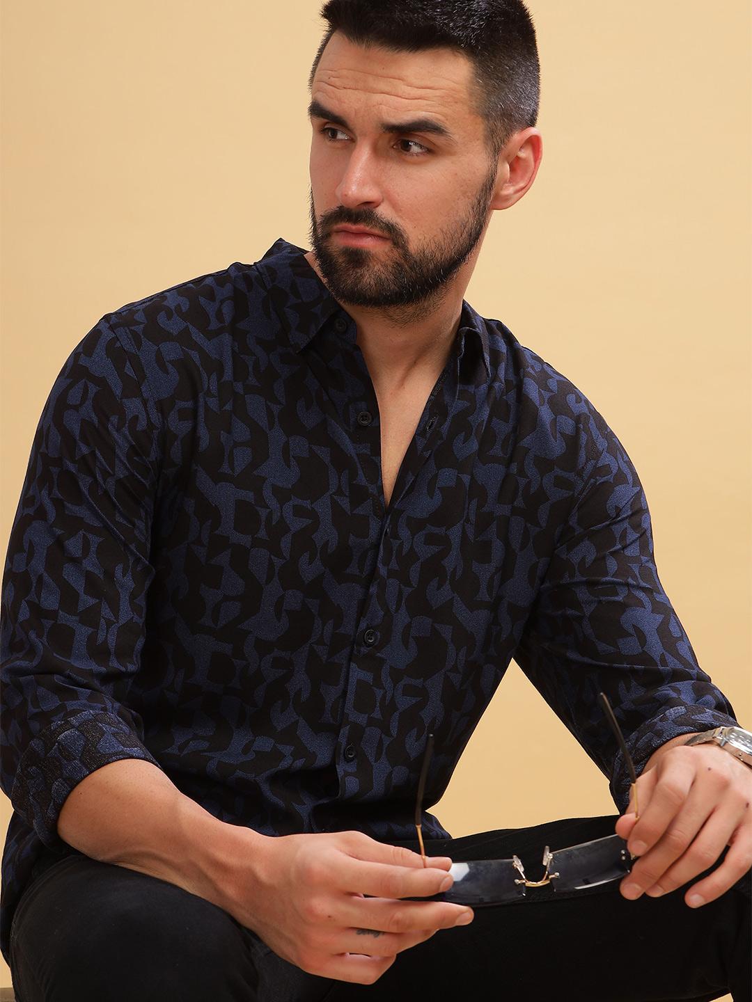 HERE&NOW Floral Printed Mandarin Collar Long Sleeves Slim Fit Casual Shirt