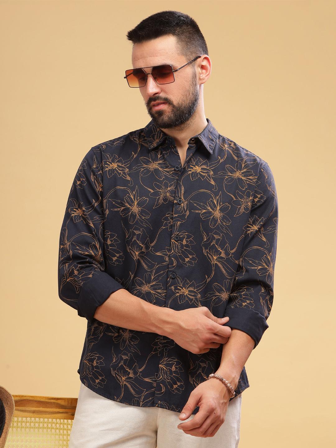HERE&NOW Floral Printed Spread Collar Long Sleeves Slim Fit Cotton Casual Shirt