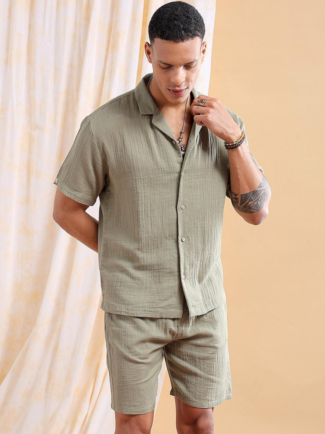 Men's Beige Solid Cuban Collar Co-Ords Set