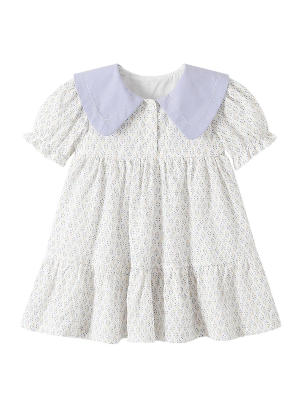 Girls Floral Printed Cotton Dress with Decorative Flower Accent