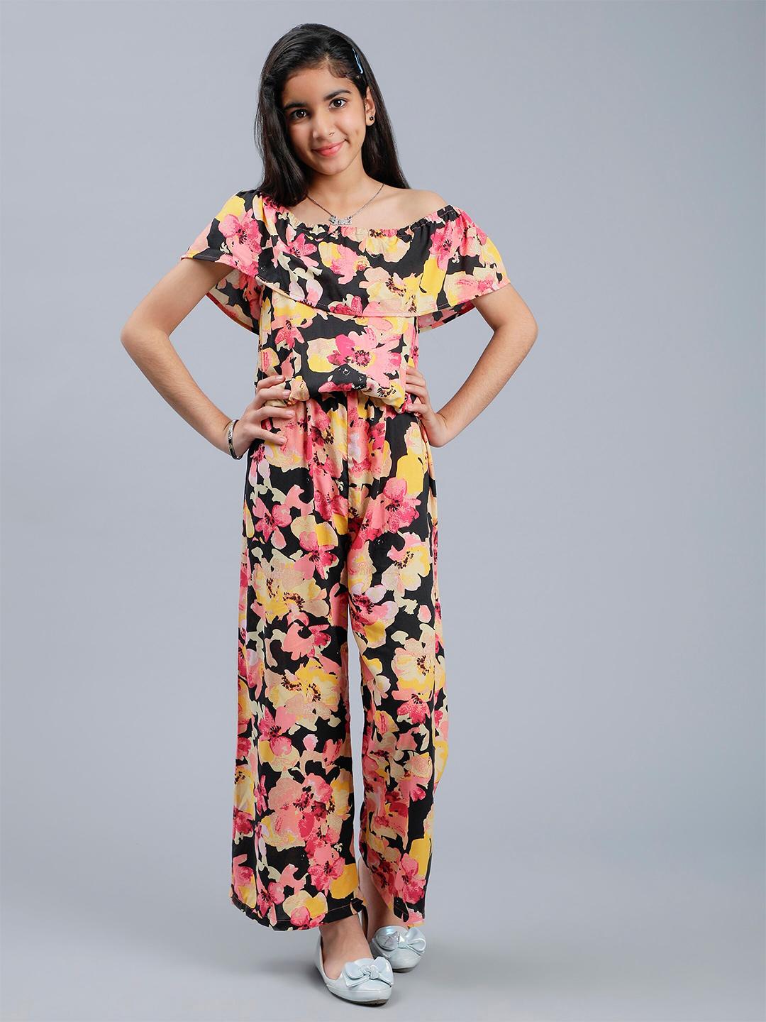 Nautinati Girls Cream-Coloured Green Printed One Shoulder Basic Jumpsuit main image 1