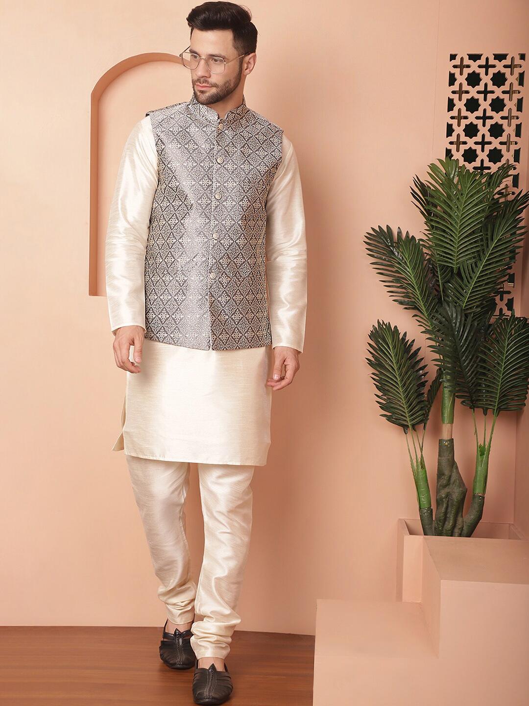 Men's Woven Design Nehru Jacket and Kurta Pyjama Set
