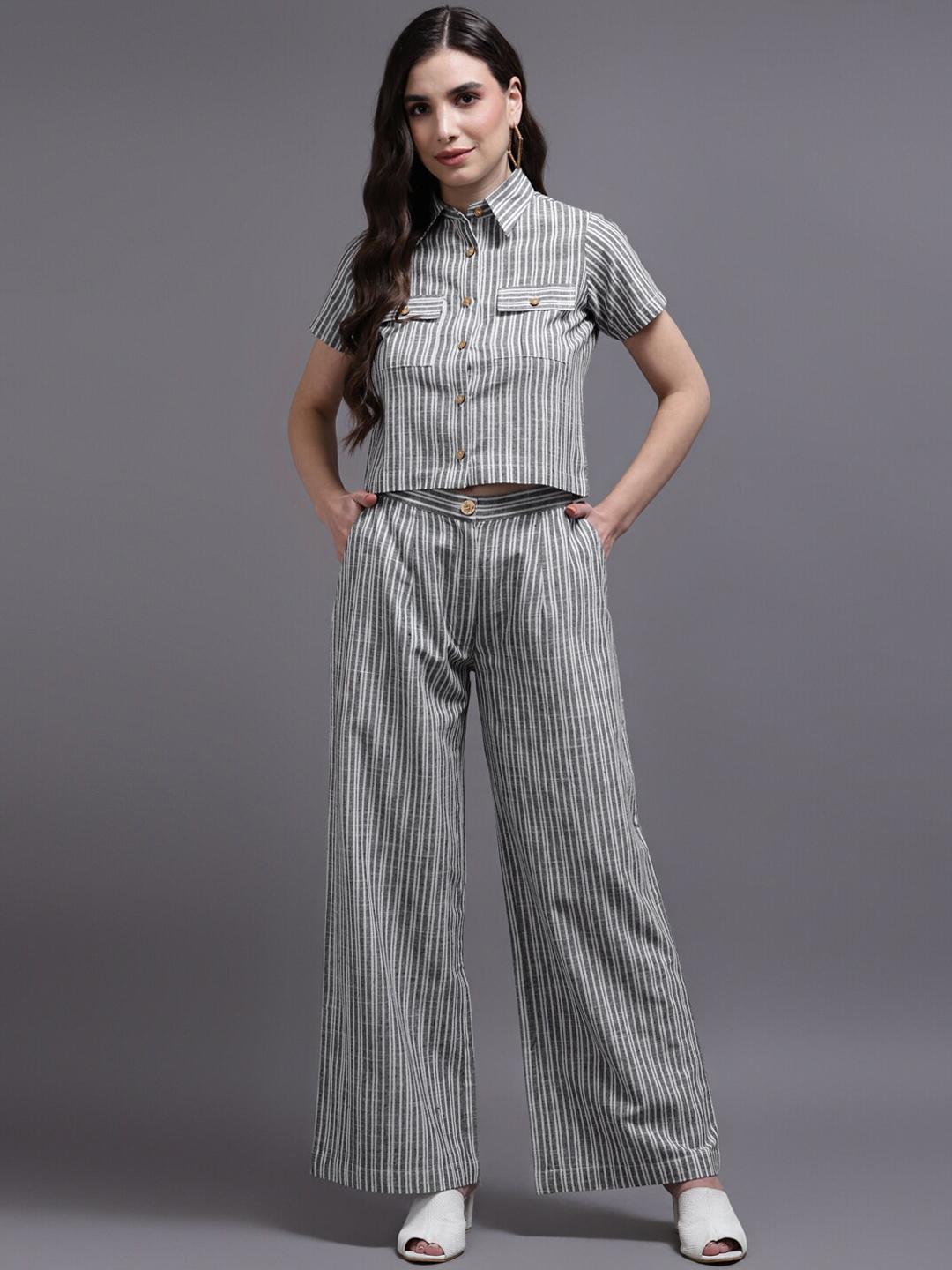 Women's Grey Printed Crop Top & Flared Palazzos Co-Ords